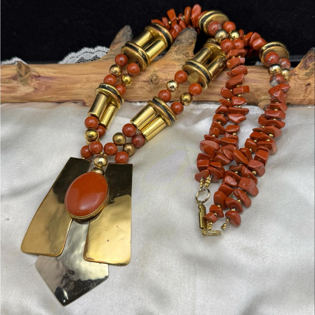 Red Brecciated Jasper Gold Tone Pendant Statement Necklace